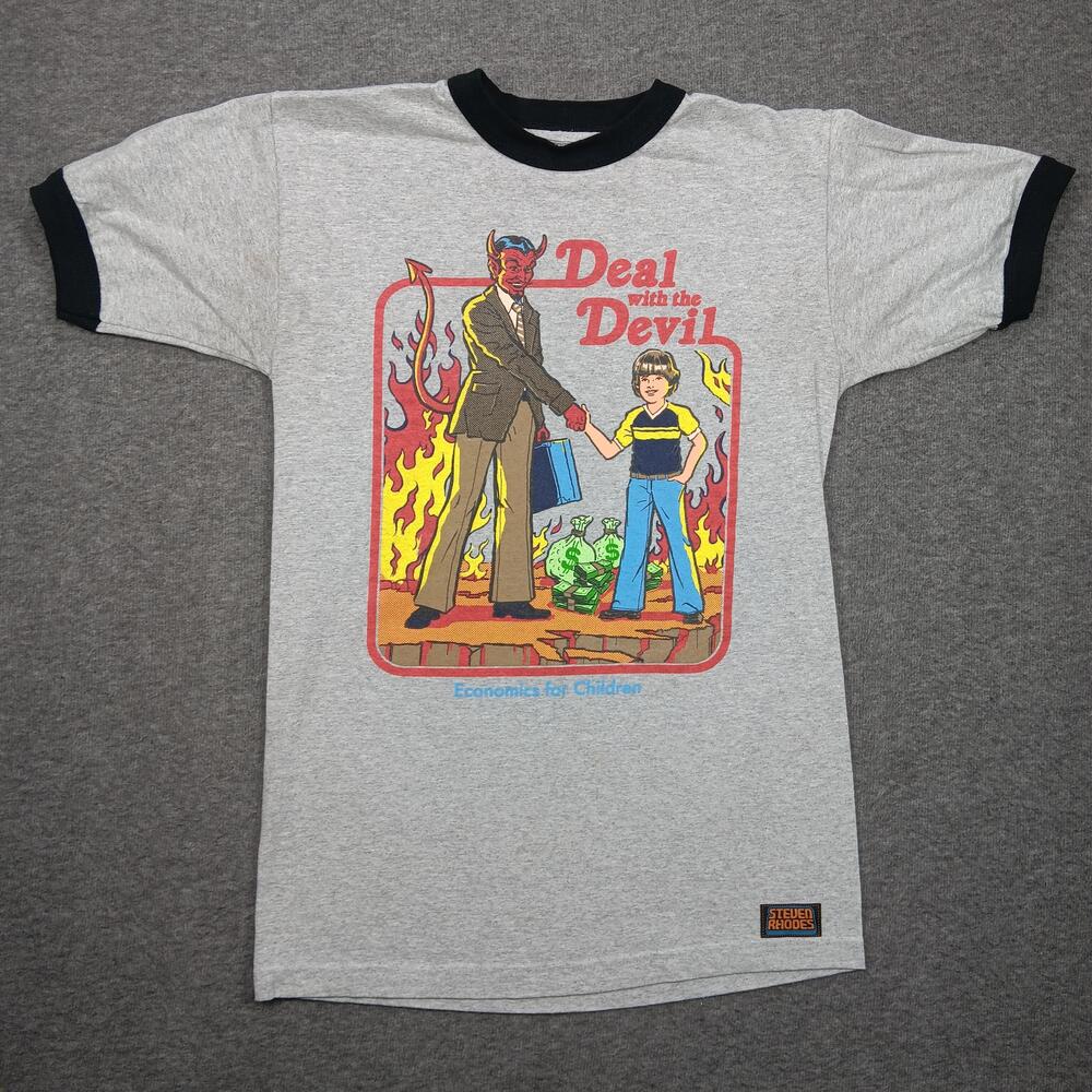 Steven Rhodes Shirt Mens Small Gray Deal With The Devil Graphic Tee Retro Horror